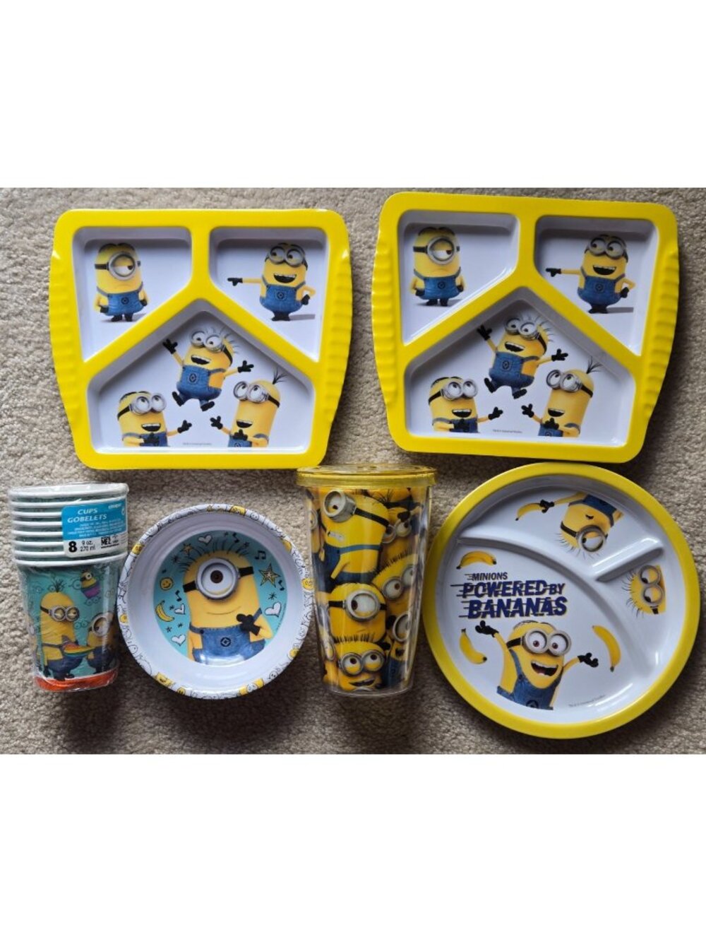 Lot Despicable Me Minions Plates, Bowl, Tumbler, Paper Cups, Metal Lunch Box